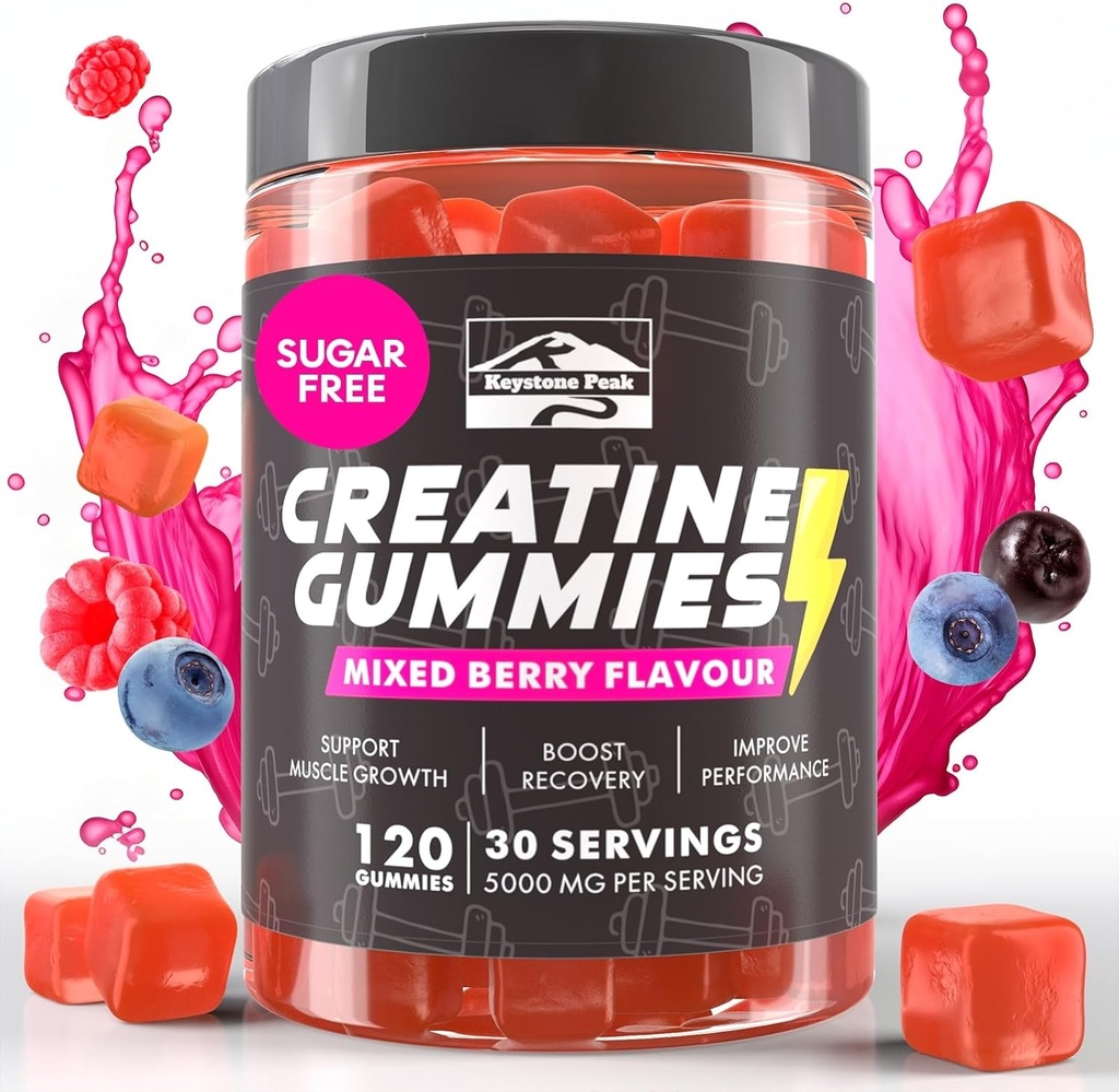 KP Creatine Monohydrate Gummies Mixed Berry for Men & Women, 100% Creatine Mixed Berry Gummies, 5g per Serving + Vegan, Sugar Free, Mixed Berry + Energy, Muscle & Booty Gain - 120 Count