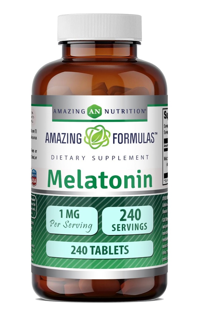 Amazing Formulas Melonaxin 1 Mg Tablet (Non GMO, Gluten Free) - Pilihan Terbaik dari Suplemen Bantuan Tidur Alam - Promoses Calming dan Relaxing Efek - 240 Tablet - Cocok untuk Vegetarian