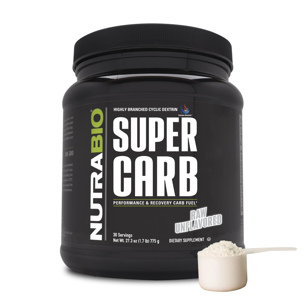 NutraBio Super Carb, Powder Carbohydrate dengan Cluster Dextrin & Electrolite, Bubuk Carb Advanced untuk Bahan Bakar Kerja, Performance, dan Pemulihan Muscle, Recomptrin Cyclic, Unflashted, 30 Sv