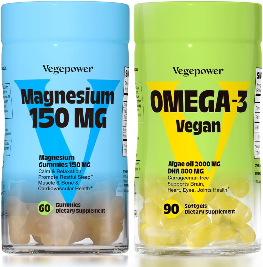 Vegan Omega-3 + Magnesium Gummies = 124; Algae Omega- 3 800mg DHA Suplemen untuk Otak, Kesehatan Mata Jantung - 90 Count 124; 150mg Magnesium Citrate Gummies untuk Dewasa dan Anak Tenang, Relaxasi