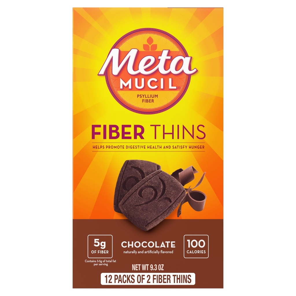 Metamucil Fiber Thins, Psyllium Husk Fiber Suplement, Digetical Health Support dan Memuaskan Hunger, Chocolate Flavored, 12 Hamba