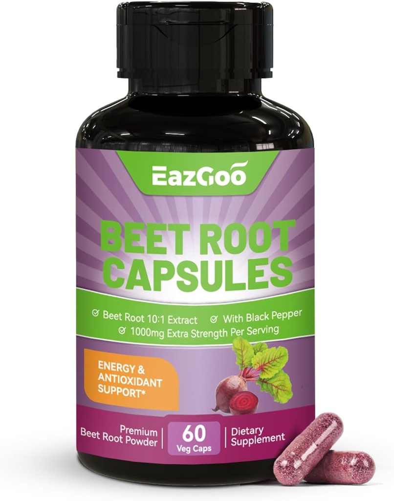 Beet Root Capsules 1000mg Per Serving, Support Nitric Oxide Production & Blood Pressure, with Black Pepper Extract, Non-GMO, Gluten Free, Vegan - 60 Counts