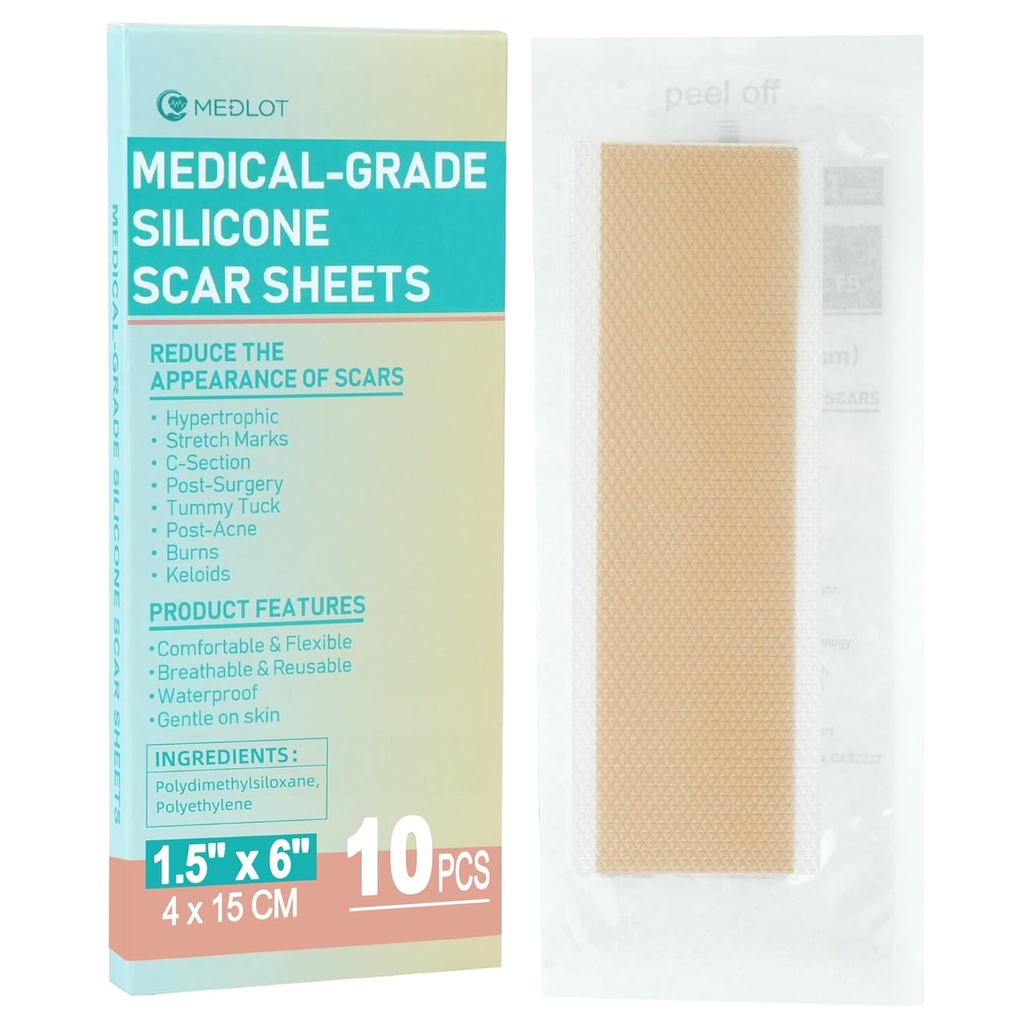 Scar Scar Sheets, 10pcs, Silicone Tape for Scar Treatment, Scar Strips Reconable for Surgical, C-Section, Keloid Bump, Stretch Marks, Burn, Acne Scar Removal, Each 1.5 "x 6"