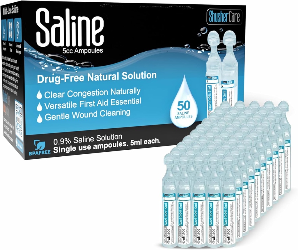 Saline Amploules - Saline Solution for Nebulizer, Sodium Chloride 0.9%, Nasal Cleanse untuk Bayi, Anak-anak, & Orang dewasa, Sterile Nasal Care, Wound Cleansing - 50 Count (5ml Masing-masing)