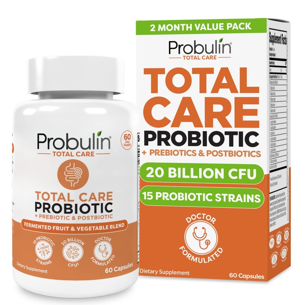 Probulin Total Care Probiotic Suplement, Daily Gut, Digetical, dan Ammune Health Prosules Kapsul untuk Pria dan Wanita, 20 Milyar CFU, Vegan, 60 Count Bottle