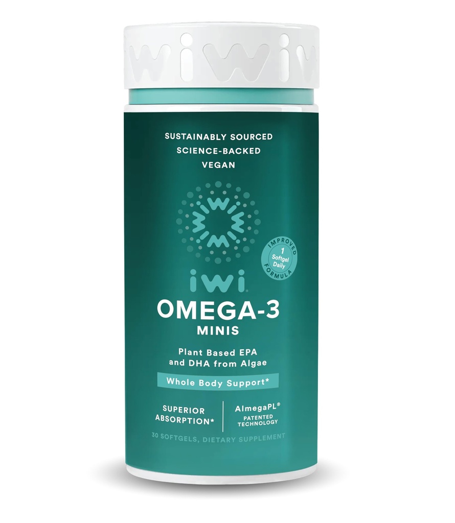 Iwi Omega-3 Mini Softgeels (30 Pelayan), Mudah Swallow, Plant - Berbasis Algae Omega 3 dengan EPA + DHA, Whole-Body Dukungan Diet Suppplemen, Krill & Fish Oil Alternatif, No Fishy Aftertaste