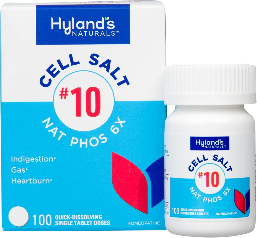Hyland No.10 Cell Salt NAT Phos 6X tablet, Natural Relief of Heartburn, Gas, dan Internable, Quick Dissoling Tablet, 100 Count