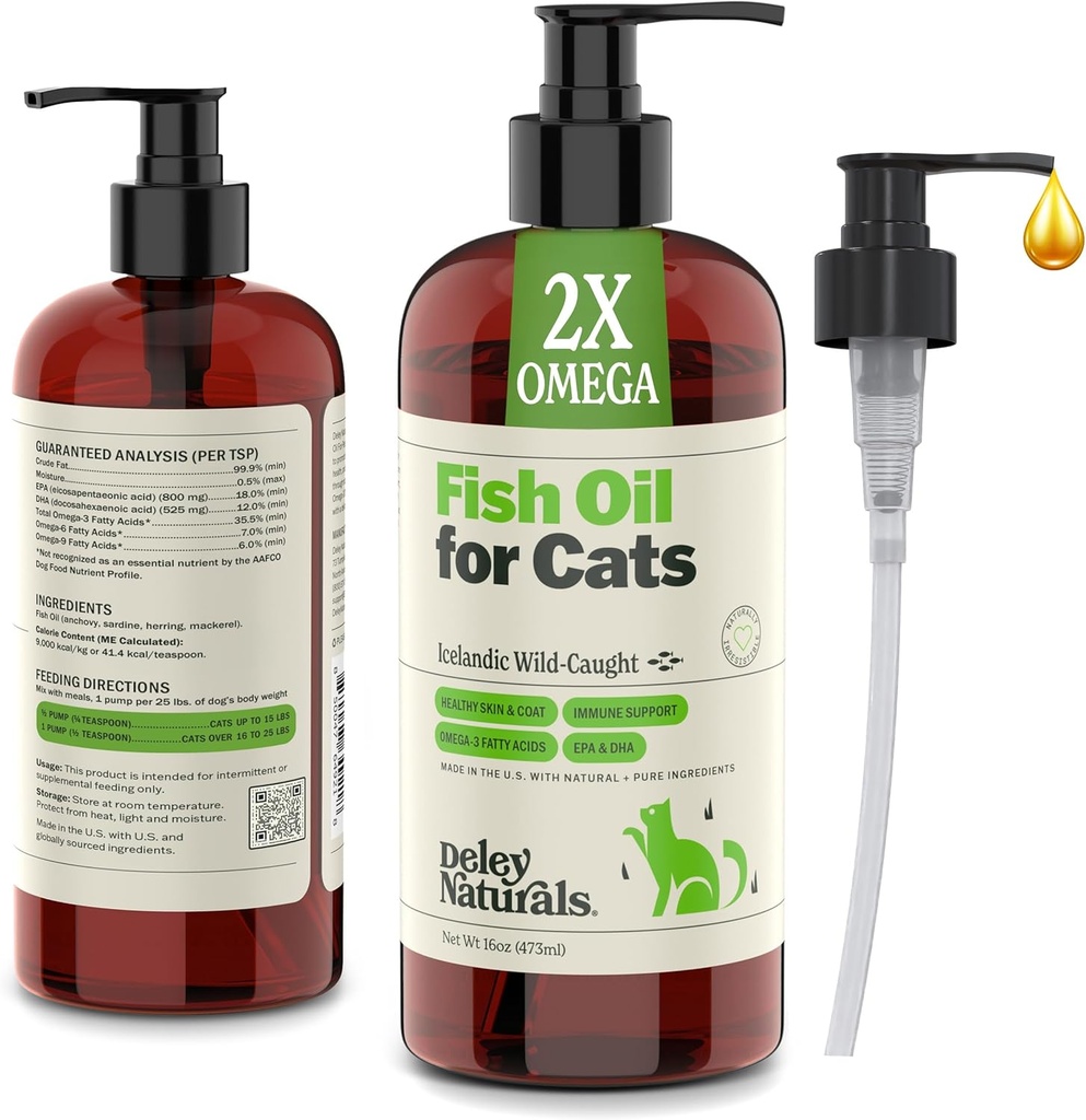 Deley Compials Wild Caught Fish Oil for Cats with 2X Omega - Cat Fish Oil with Highest EPA & DHA Potency - Omega 3 for Cats for Shedding, Skin, Coat, Joints, Heart and Immune System - Made in The USA