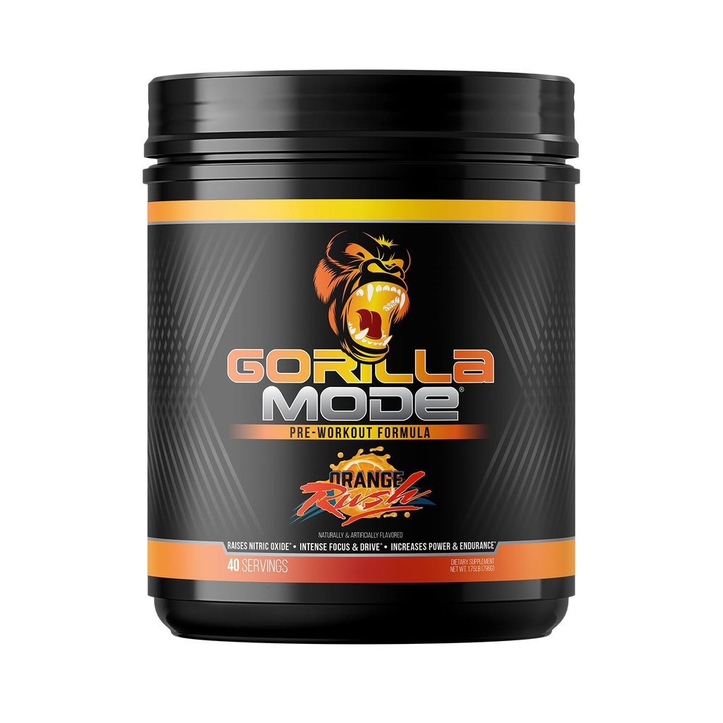 Gorilla Mind Pre Workout - Massive Pumps Laser Focus Energy Power - L- Citrulline, Creatine, L-Tyrosine, Betaine, Hydroprime, Alph- GPC, 400mg Caffeine, Huperzine A - 796g (Orange Rush)