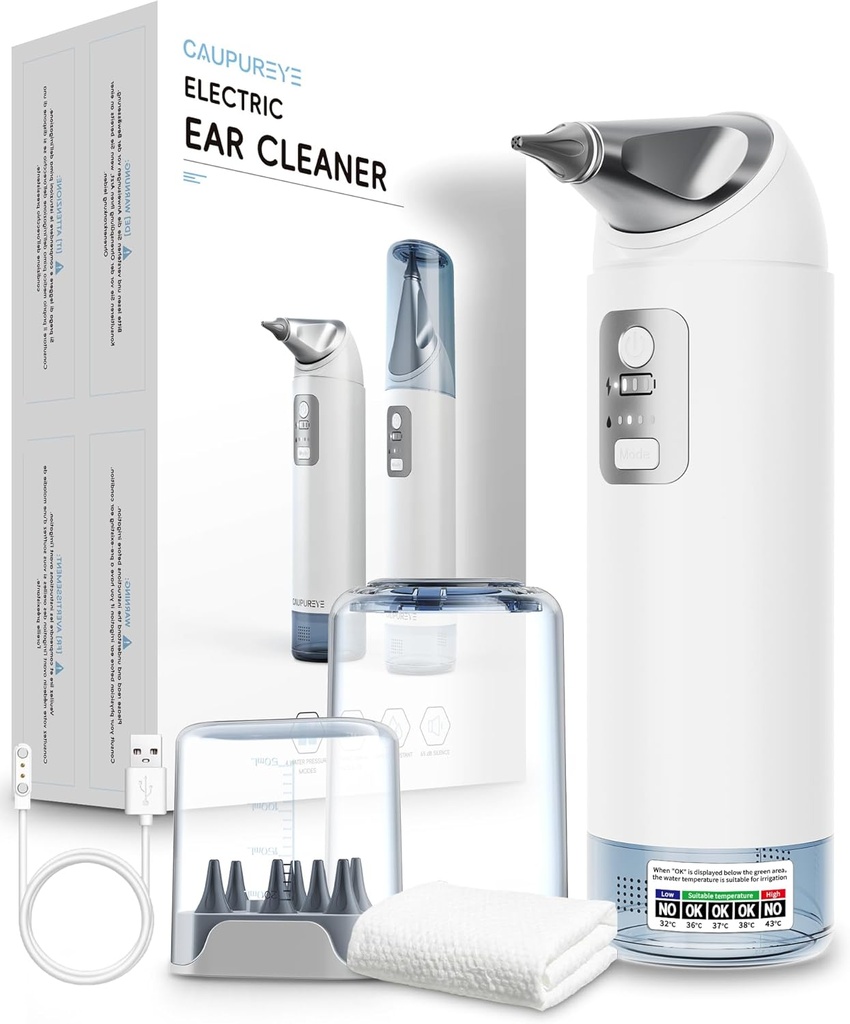 Ear Wax Removal Kit, 360 ° Electric Ear Cleaner, Ear Cleaning Kit with 4 Water Pressure Modes, Earwax Removal Kit for Safe Ear Flushing System w / 8 Irrigation Tips, Low Noise, IP65 Waterproof