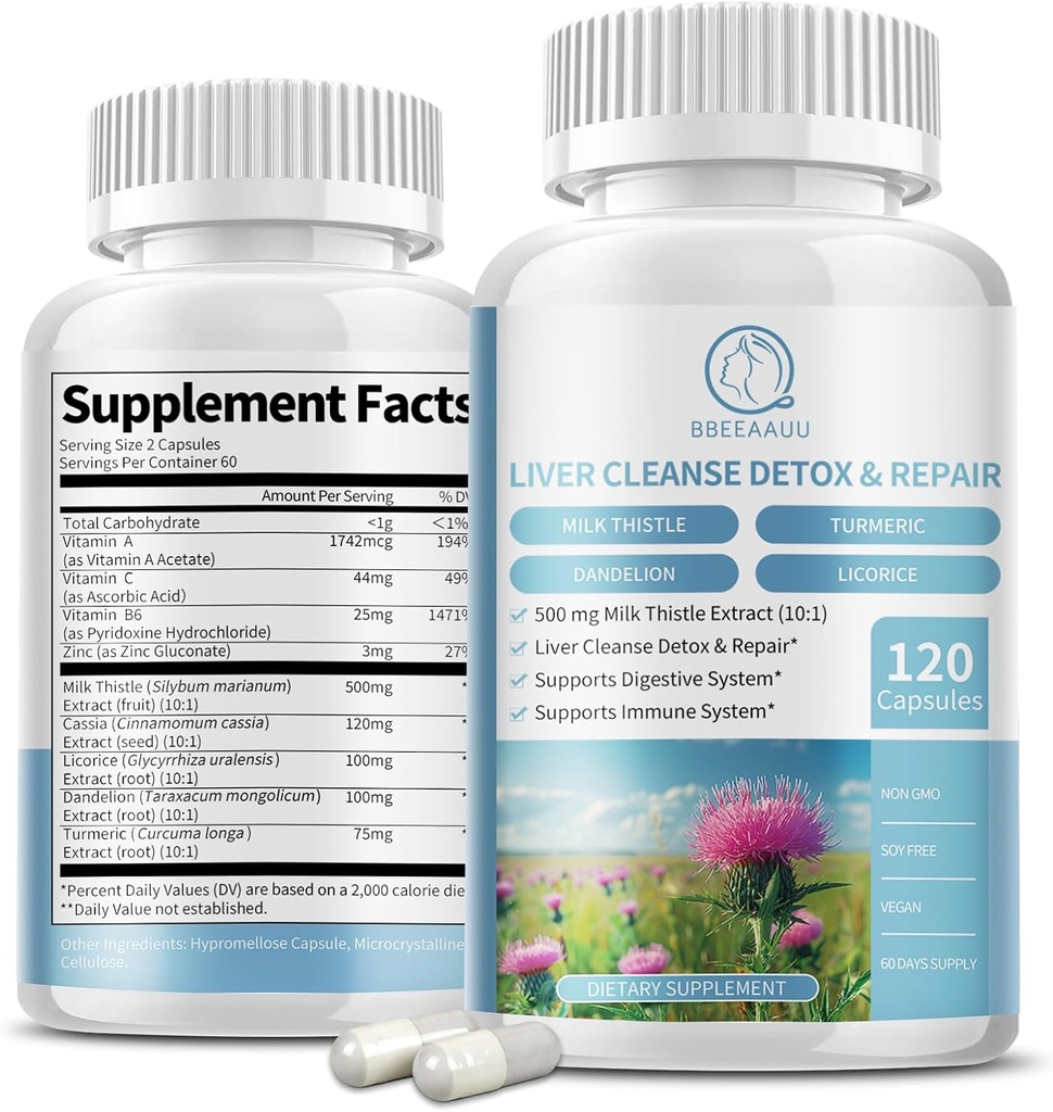 Milk Thistle Suplement Kapsul, Liver Health Formula, dengan Dandellion Root, 10: 1 Ekstrak, untuk Liver Detox Cleanse Dukungan, Digetical & Immune System, 120 Veggie Caps