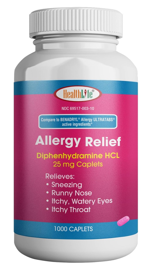 Relief HEALTH LFE, Medicine Diphenhydramine HCl Caplets, 25 mg 124; Anak-anak dan dewasa adalah 124; Relieves Sneezing, Nose Runny, Gejala Demam Hay, Itchy Eyes dan Throat (Besar, 1000 Count)