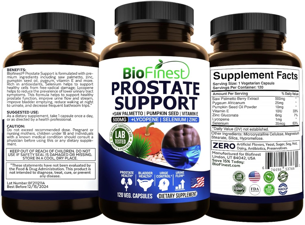 BioFinest Prostate Dukungan untuk Pria-Saw Palmetto Lycopene Pumpkin Benih Pygeum Zinc Selenium - Sehat Urine Flow Bladder Prostate Vitamin Suplemen - Dibuat di USA (120 Veg. Capsule)
