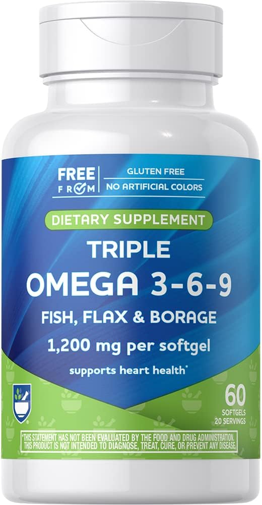 Rite Aid Triple Omega 3, 6, 9 Softgels - 60 Count Fish Oil untuk menyokong Hati Sehat, DHA dan EPA, Flaxseed dan Borage Oil