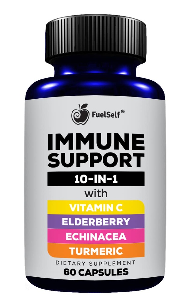 Imune Dukung Booster Suplemen dengan Elderberry, Vitamin C, Echinacea, Turmeriic Curcuminoid, Vitamin E, Vitamin B6, Zinc, L- Glutamine HCL, Garlic, Lactaillus Acialolylus:: 60 Count, 1 Pack