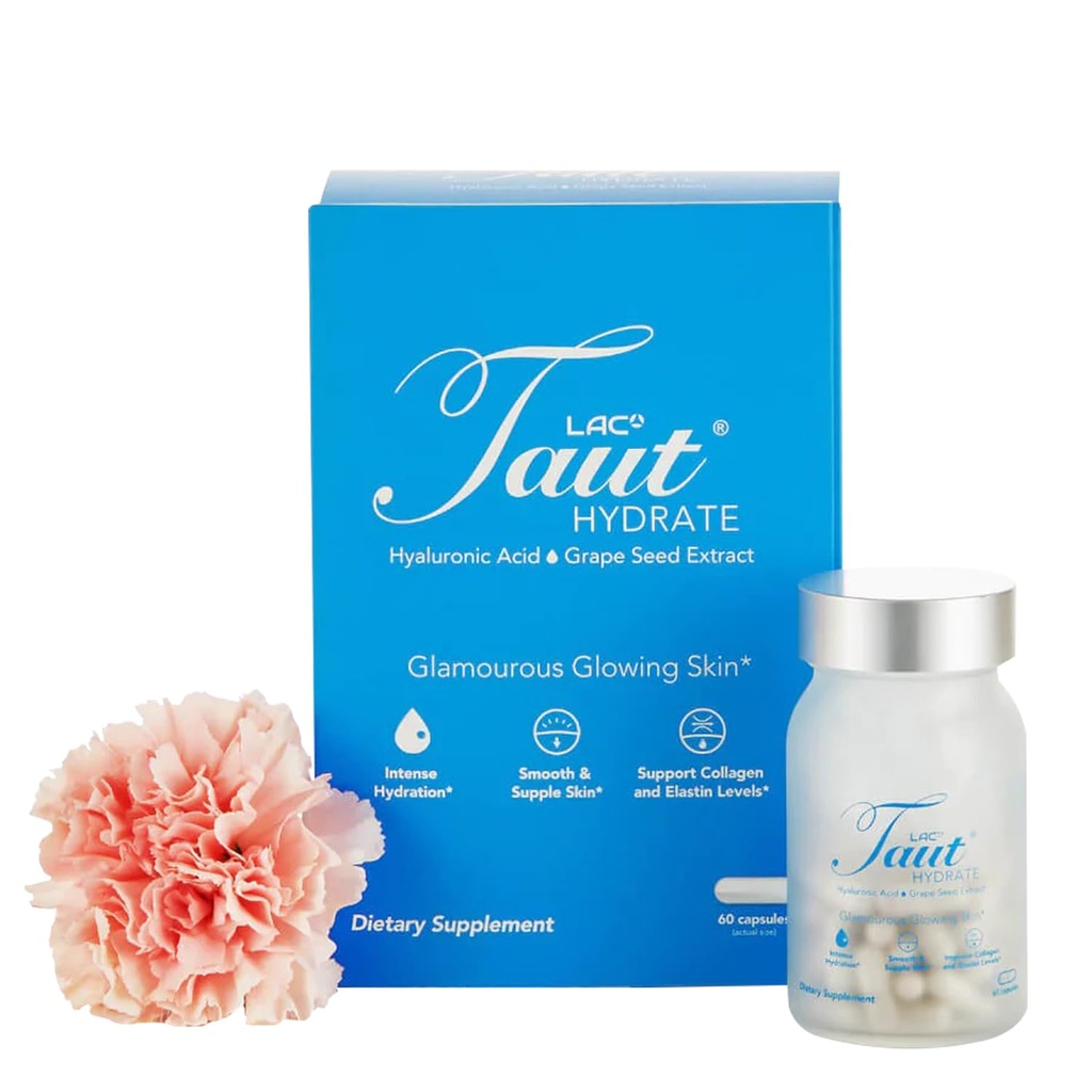 Taut Hydrate Hiluronic Acid Supplement - 120mg Vegan Capsules with Grape Seed Extract - Hidration Skin mendalam, Smooth Wrinkles & Glow Support - Persediaan Berkumpuan & Anti- Aging untuk Perempuan & Men- 60 Caps