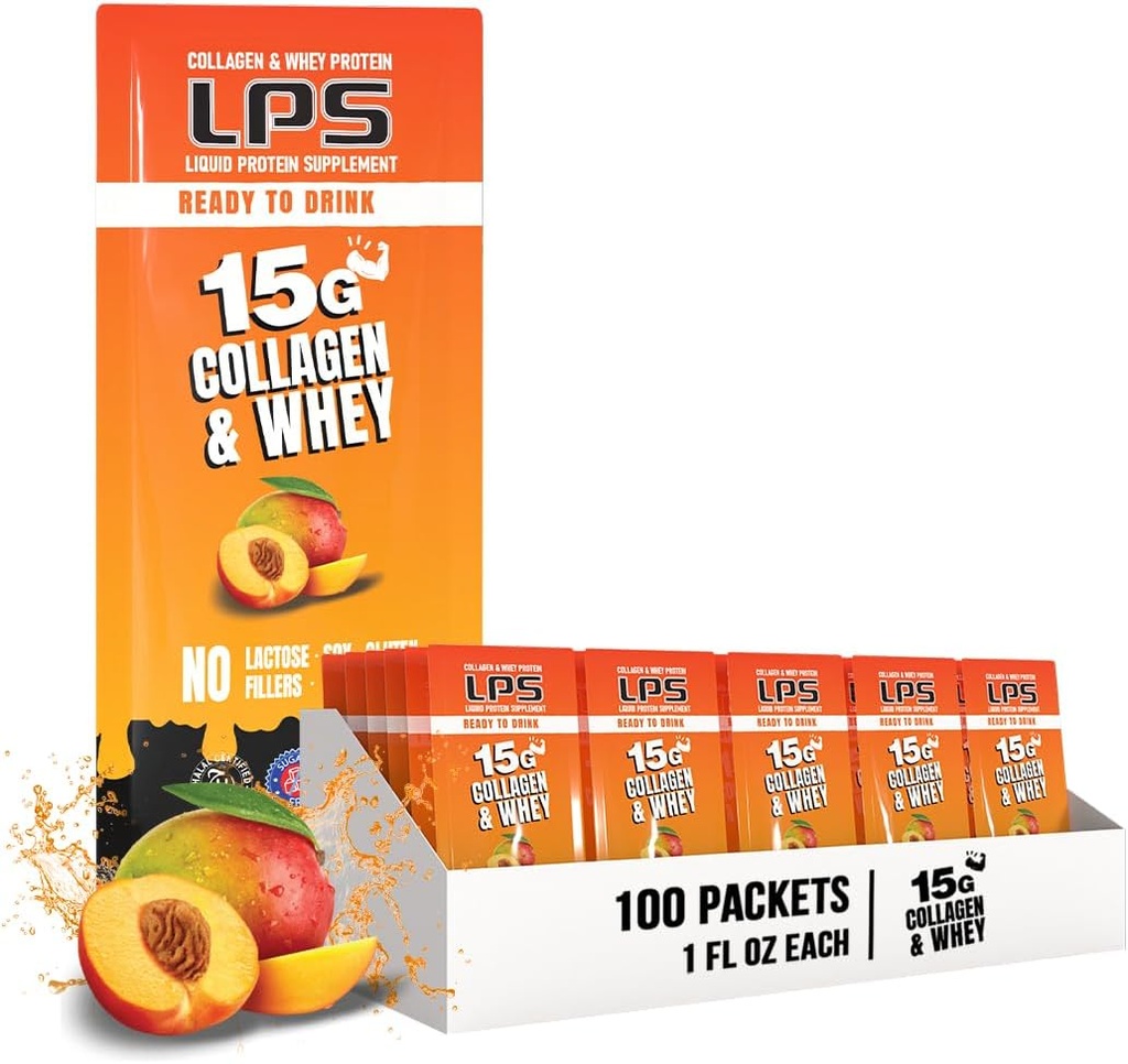 Nuttrationary Design Liquid Collagen LPS & Whey Protein Suplement - Minuman None-GMO, Sugar- Free - Promotes Heally Skin & Hair for Men & Women, Peach Mangga, Single Serve (100 Paket)