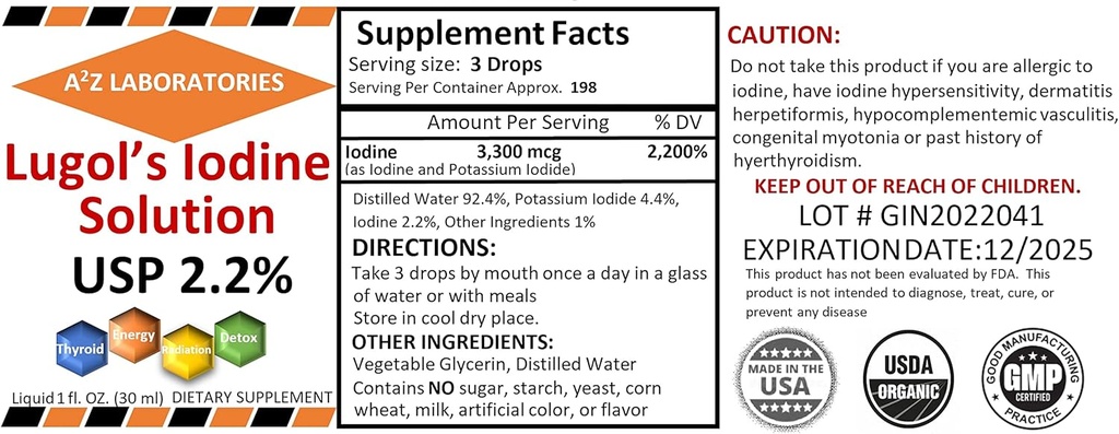 Iodine dan Potasium Iodide 2.0 Generik A2Z Organik Lugol dan Potasium Iodide 2.0% Solusi, 1 Fl Oz - Liquid Suplemen Untuk Dukungan Thyroid, Detox, Metabolisme, Dibuat di USA