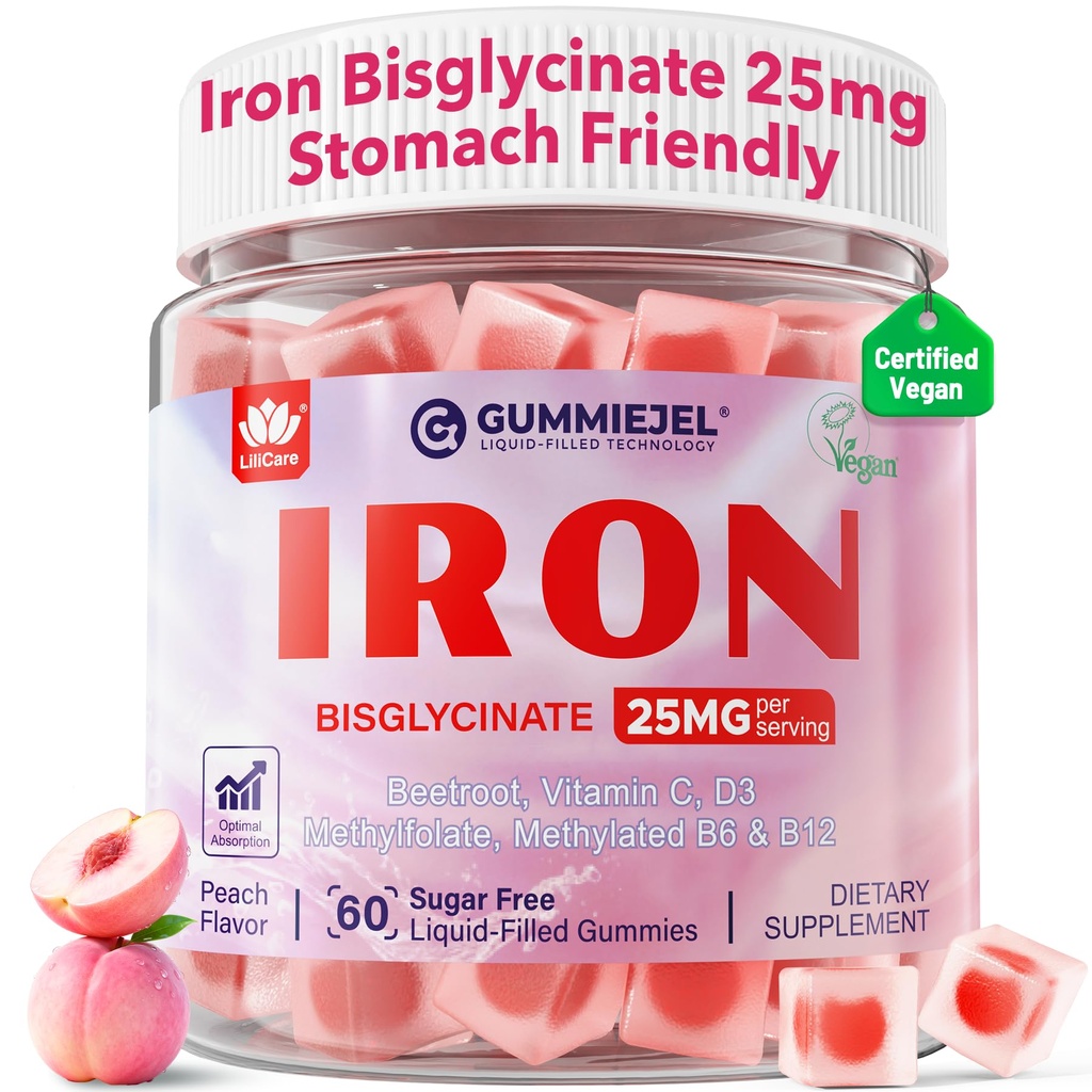 Iron Gummies for Women 25mg Plus Vitamin C, Beet Root, Vitamin B12, Folate for Iron Deficiency, Anemia, Energy Boost, Sugar Free Iron Supplemen, Non-Constipating, No After Cts, 60