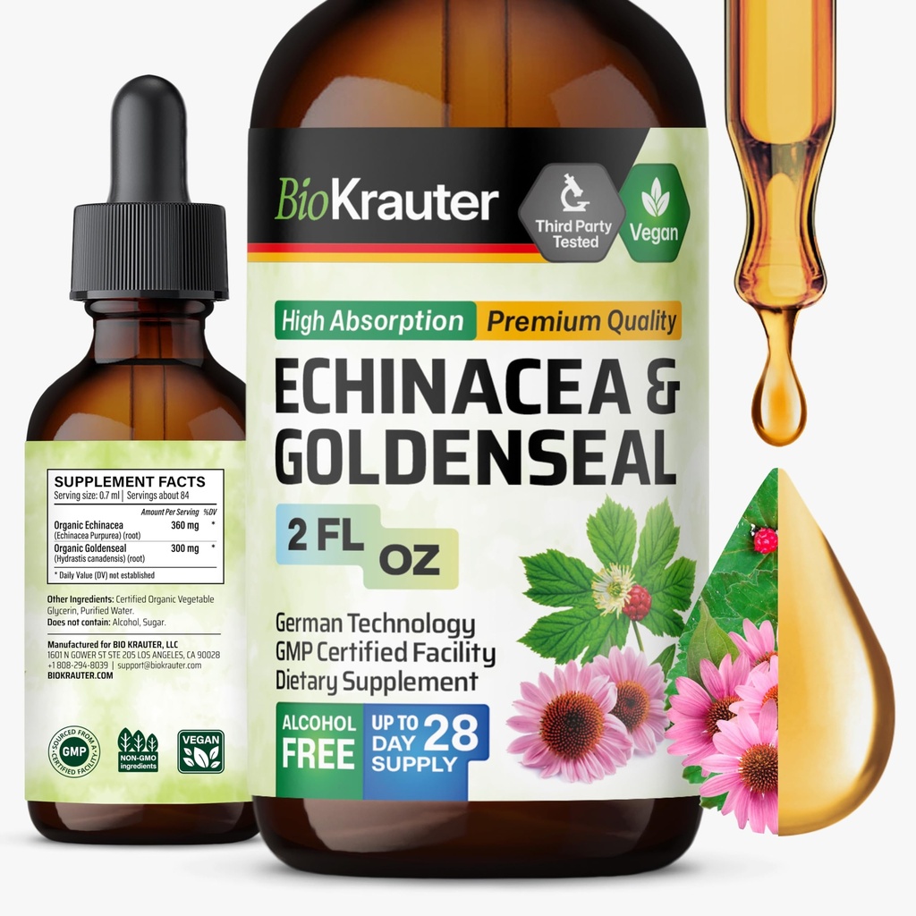 BIO KRAUTER Echinacea dan Goldenseal Root Liquid Extract - Natural Ammune Support - Echinacea Drops with Goldenseal - Vegan, Alkohol & Gula Free Tincture - 2 Fl.Oz.