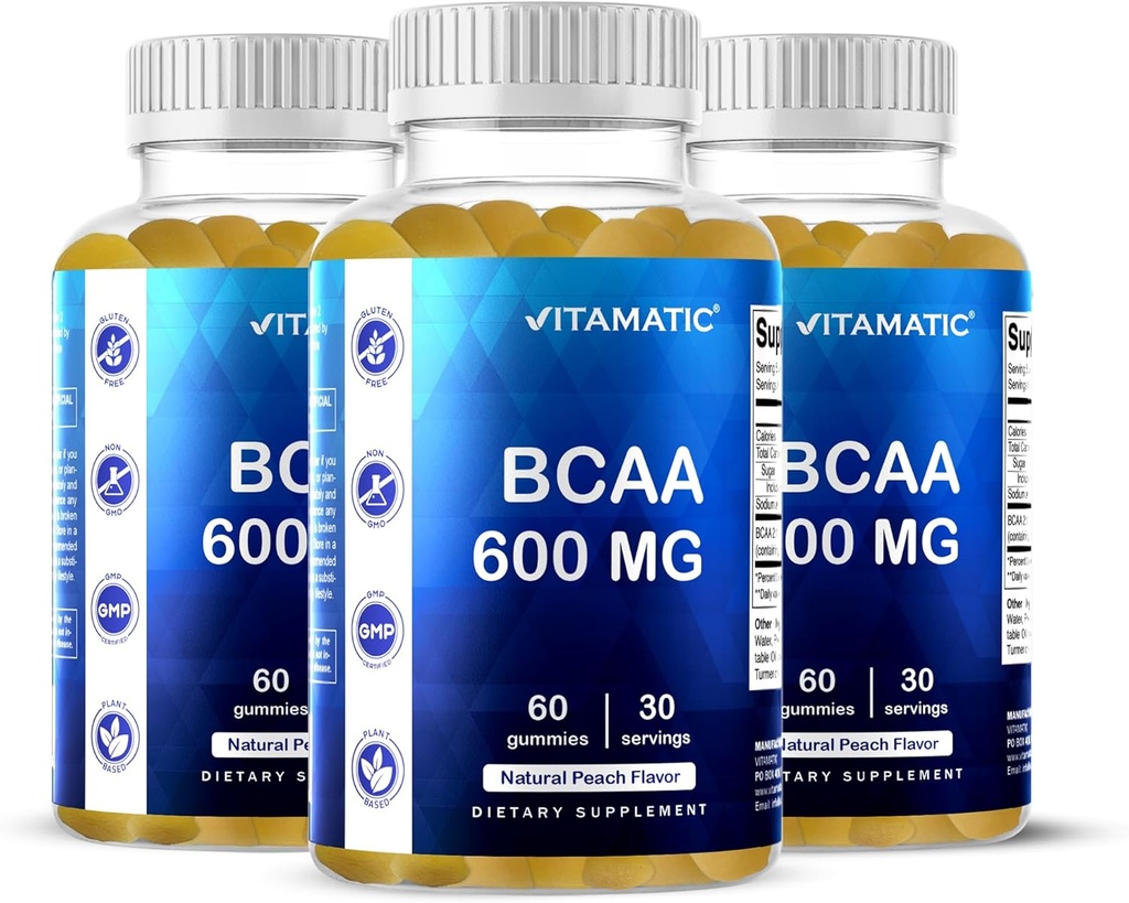 Vitamin BCAA Gummies - Branch Chain Acid Acid - Peach Flavor - 600mg per Serving - 60 Vegan Pectin Based Gummies (3 Botol)