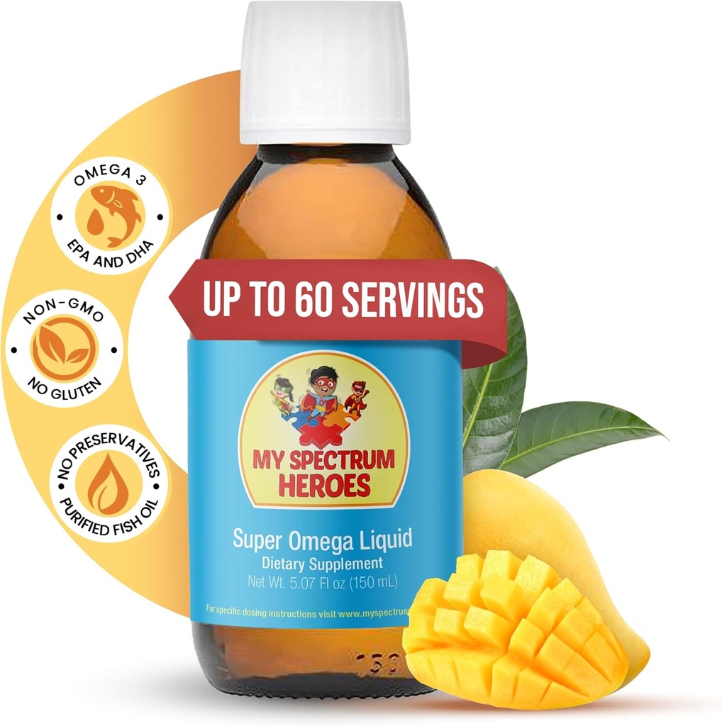 Saya Spectrum Heroes Minyak Ikan Suplemen untuk Anak-anak - Omega 3 untuk Bantuan Neural, Inflammation & Immune Aid - EPA & DHA untuk Otak & Mata Kesehatan - Anak-anak & Dewasa Suplemen - 5.07oz (150ml)