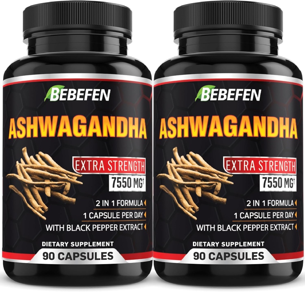 BEBEFEN Ashwagandha Capsules - 7550mg Formula Pills dengan Black Pepper Extract - 90 Capsules Ashwagandha Tambahan Energi - 3 Bulan Supply (Paket 2)