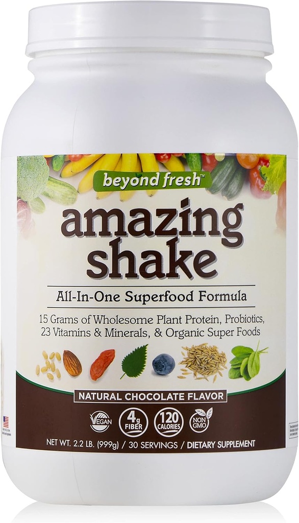 Beyond Fresh Amazing Shake, Superfood Formula, Plant Protin Based, Low Net Carbs, Wholefood Protein, Meal Replacement, Natural Chocolate Flavor, 999 Grams, White
