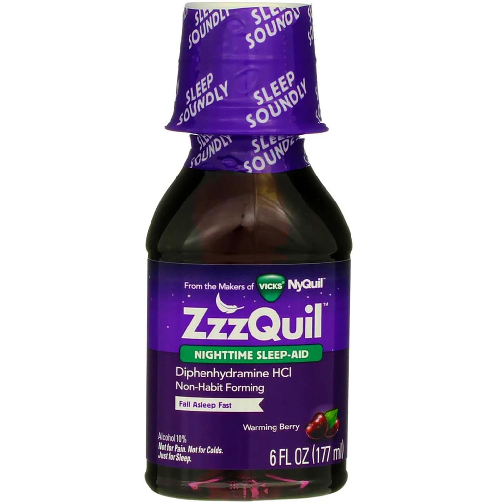 ZzzQuil, Cair Bantuan Tidur Malam, 50 mg Diphenhydramine HCI, No.1 Sleep Aid Brand, Fall Asleep Fast, Non-Habit Forming, Warming Berry Flavor, 6 FL OZ