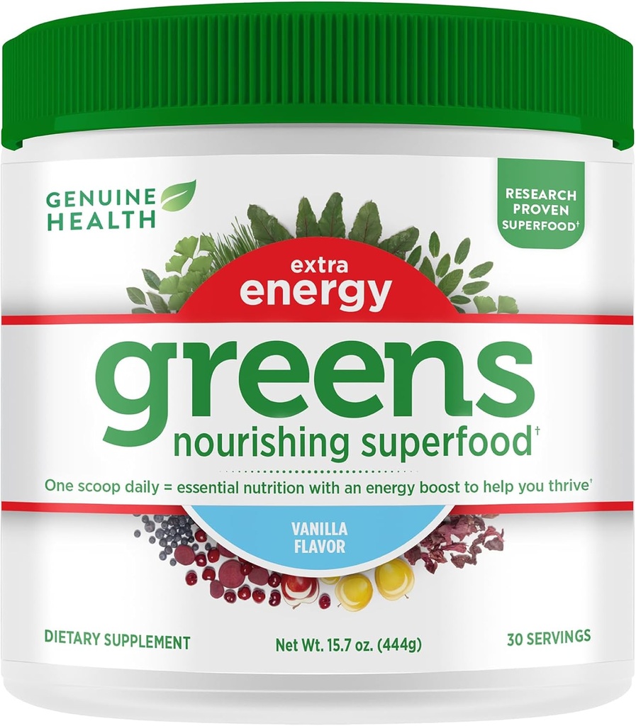Kesehatan Genuine Greens + Extra Energy Superfood Pounder, Menyediakan langsung Energi Boost & Menyediakan Kesehatan Gut, Vanilla Flavured, 30 Hamba