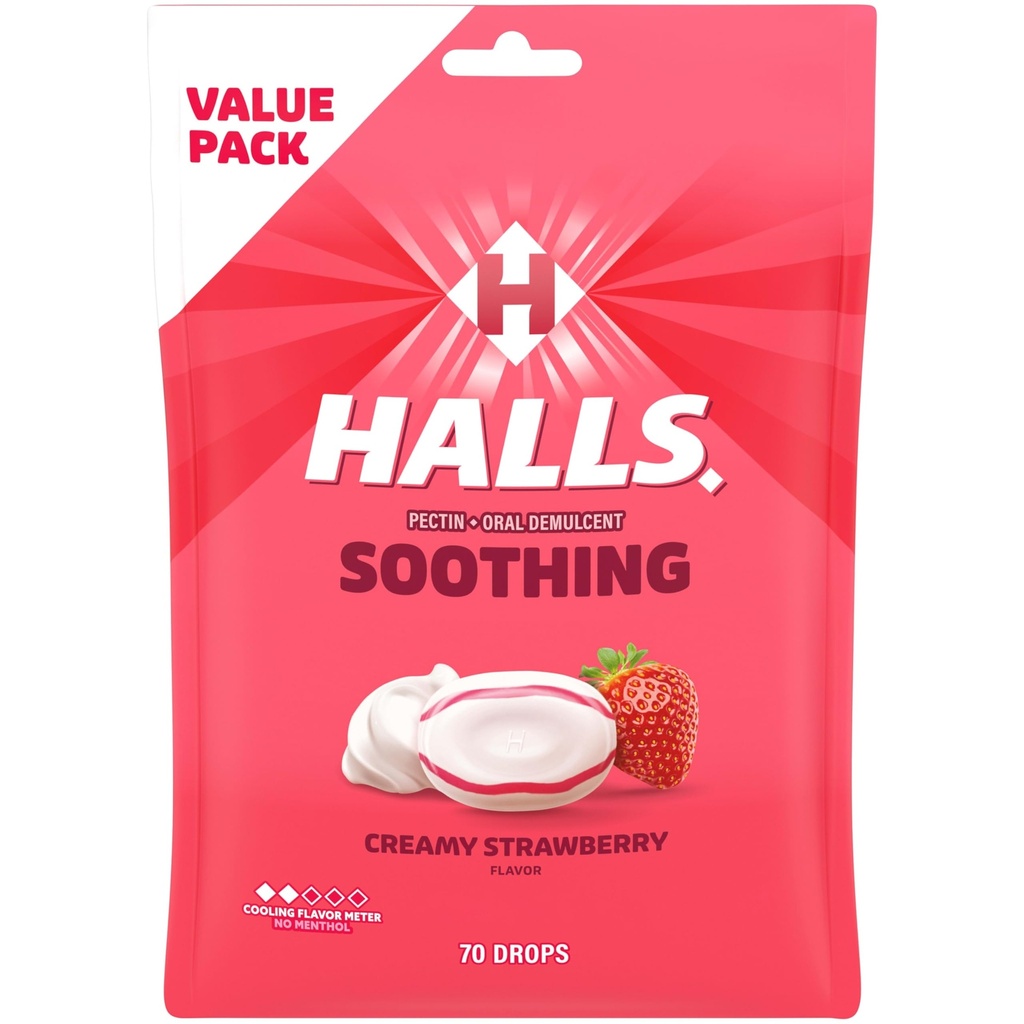 HALLS Throat Soothing (Sebelumnya HalLS Breezers) Creamy Strawberry Throat Drops, Economy Pack, 70 Drops