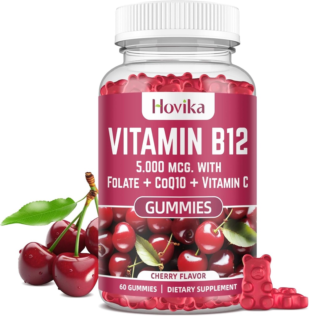 Vitamin B12 Kompleks 5000 mcg Methyl B12, Adenosil B12 & Hydroxy B12, dengan Koenzim Q10, Flounder, Vitamin C, B 12 yang bisa dimakan untuk Dukungan Energi, Metabolisme, B12, B12 - Cherry Flavor