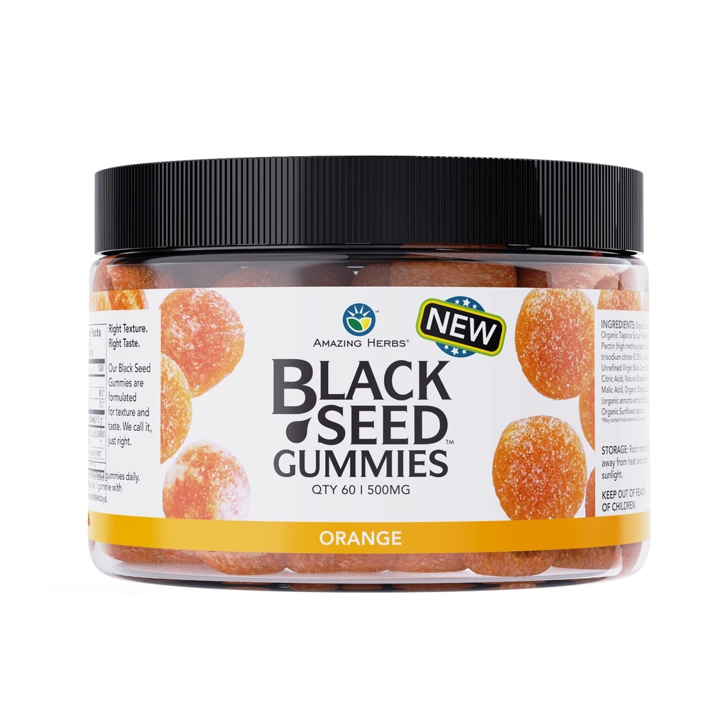 Amazing Herbs Black Seed Oil Gummies - 500mg Per Serving, Cold Pressed Black Cumin Seed, dibuat dengan Nigella Sativa, membantu Boost Imunity, Menyediakan Disuling Health - Orange Flavor 60 Count