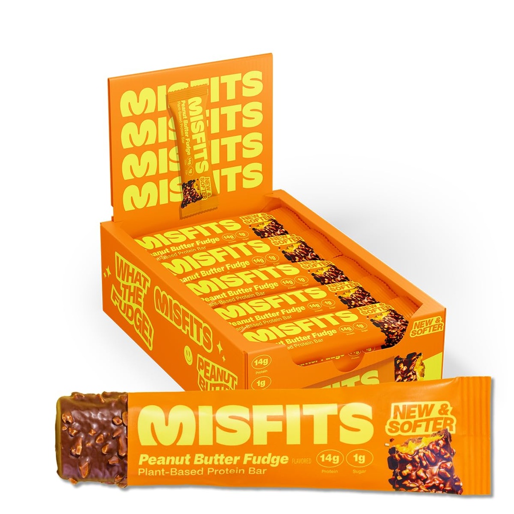Misfits Vegan Protein Bars, Peanut Butter Fudge - Updated Recipe 124; Plant Based, Low Sugar & Carb, High Fiber Snacks 124; Pack of 15