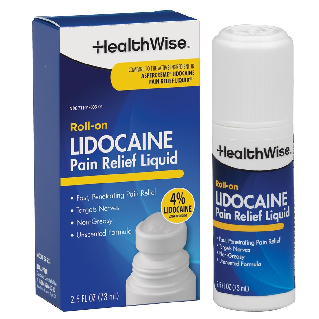 HealthWise 4% Rolle Lidocaine-On Non- Greassy, OTC Strength 124; Suit Relief Liquid 14; 2,5 oz. 73 mL 124- Grease, Unscented Formula 124; Anestesi Topik