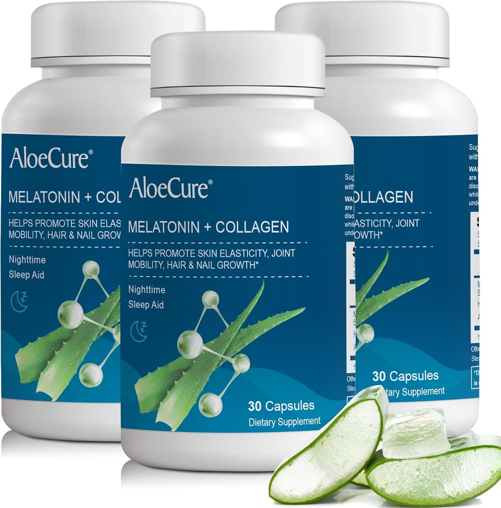 AloCure Natural Melonagein + Collagen with Organic Aloe Vera - Natural Sleep Aid Suplement for Revelful Nights - Collagen Complex for Joint Stronged, Skin Elasticity, Hair & Nail Growth, 30 Capsules