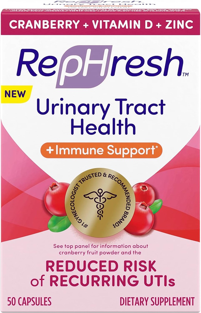 Rephresh Cranberry Urinary Tract Health Plus Immune Suplement, dicampur dengan Vitamin D + Zinc - 50 Count