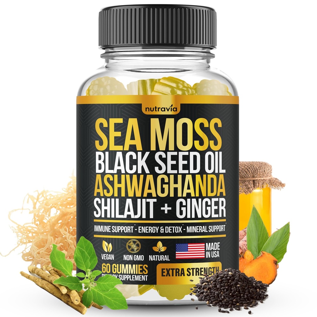 Sea Moss, Black Seed Oil, Ashwagandha, Ginger, Shilajit Gummies dengan Elderberry, Chlorophill, Turmeriic Bladdercrack Sea Moss Gummies Advanced Formula - All in 1 Bundle