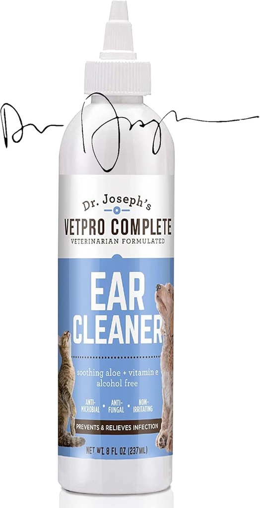 VetPro Complete Dr. Joseph Dog Ear Cleaner, 8 Ounces, Gentle Dog dan Cat Ear Rinse Solution Wash dengan Aloe Vera dan Vitamin E, Dog Ear Drops untuk Menghapus Wax dan Debris, Reduces Odor, Easy Applicator