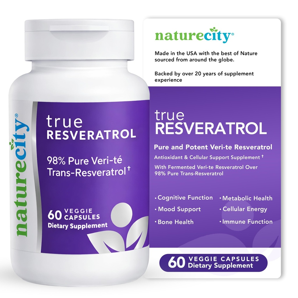 NaturreCity TrueResveratrol - Resveratrol Supplement & Anti- Aging Dukungan dengan 75mg Trans- Resveratrol (98% Pure Veri- te) untuk Heart, Imune, Bone & Cognitive Health 124; 60 Vevgie Capsules