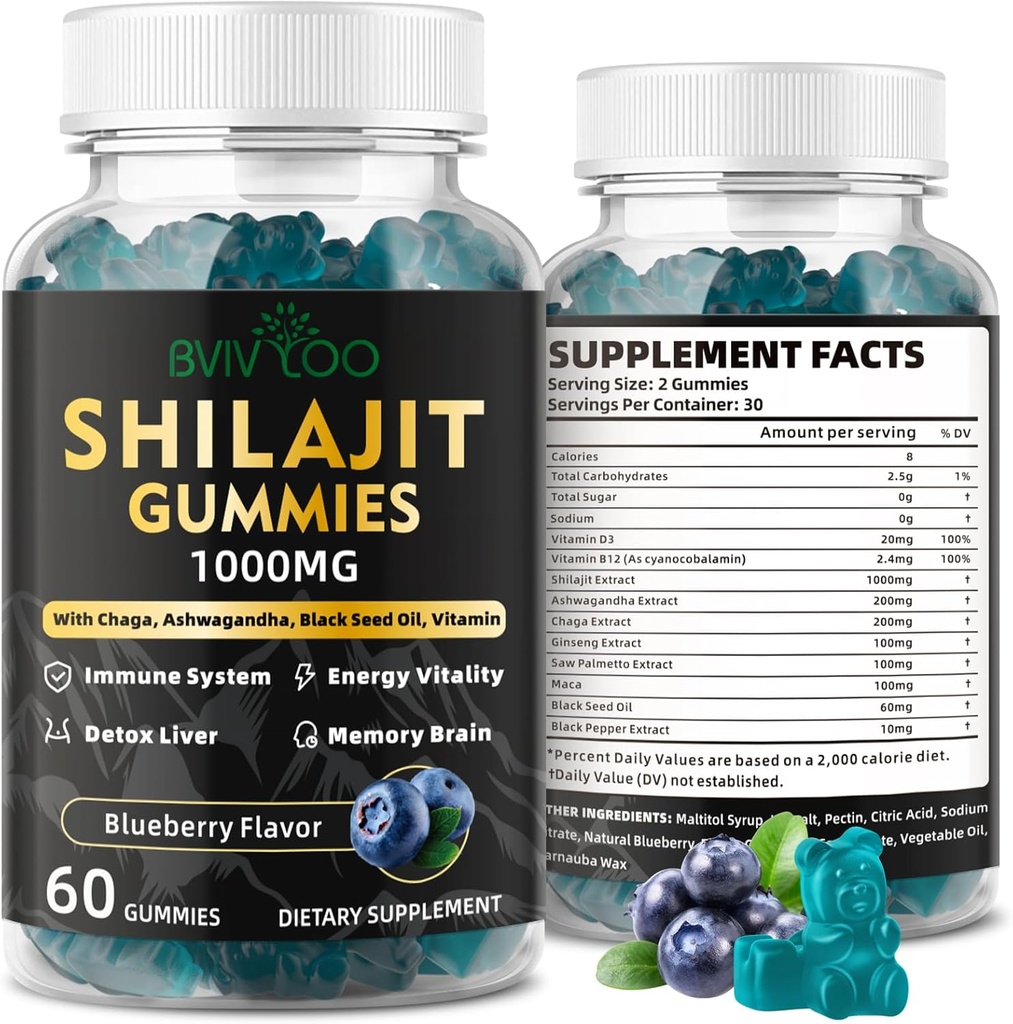 Gumunies Shilajit untuk Pria & Perempuan - Sugar- Free Shilajit Suplement Kaya dalam 85 + Trace Minetrace & Fulvic Acid, Menyediakan Energi, Otak, dan Dukungan Imunitas - 60 Gummies