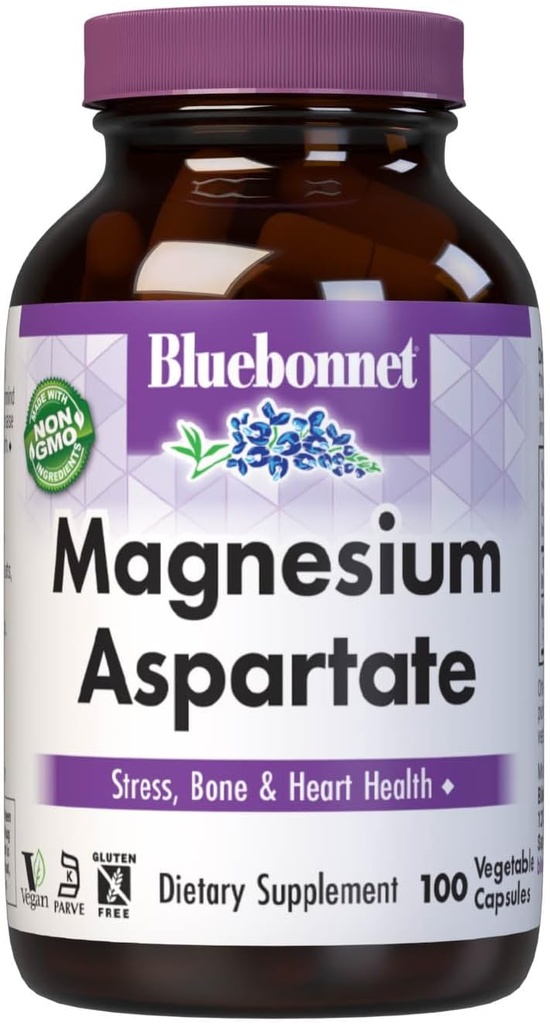 Bluebonnet Nutrection Magnesium Aspartate, Stress Relief *, Bone Health *, None-GMO, Vegan, Kosher Certified, Gluten- Free, Soy- Free, Dairy- Free, 100 Vegetable Capsules, 50 Pegawai