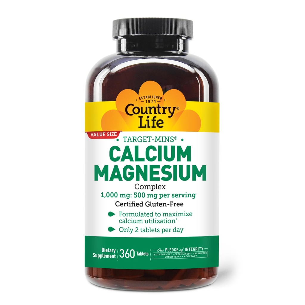 Country Life Target-Mins Kalsium Magnesium Tambahan untuk Bone Health, 10000mg Kalsium, 500mg Magnesium, Gluten Bebas, 2: Rasio untuk Utilisasi Optimal