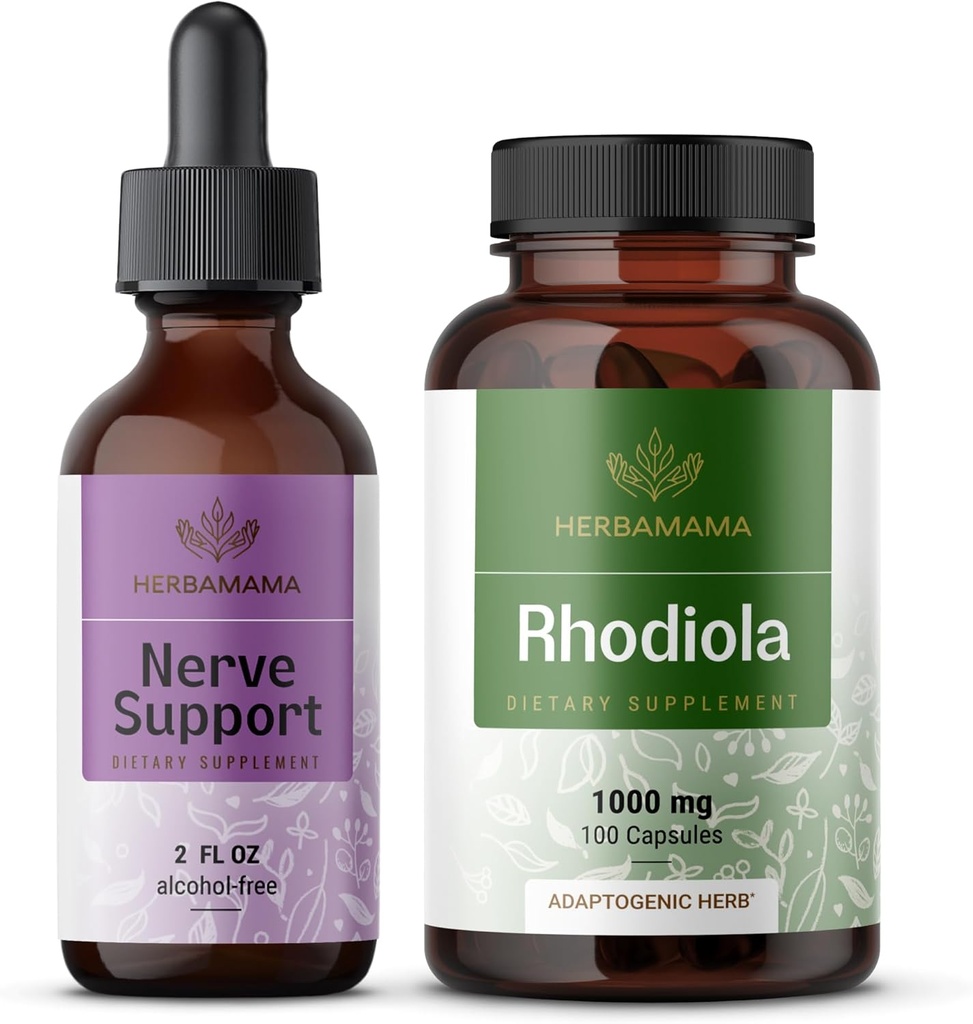 HERBAMAMA Nerve Dukung dan Rhodiola Kit - Bundle of Nerve Duck Liquid Complex 2 df oz & Rhodiola Rosa Capsules - Vegan, Non- GMO, Sugar & Alcohol- Free, 2 Pack