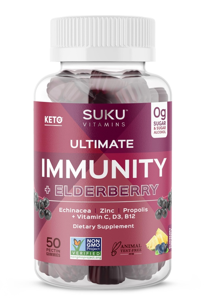 SUKU Vitamin - Imunitas Ultimate - Elderberry Echinacea and Propolis Gummies untuk Dukungan Imune, Mudah untuk Chew - Non GMO, Gluten Sugar Free - Pomeate Lime Flavored Gummy Vitamins, 50 Count