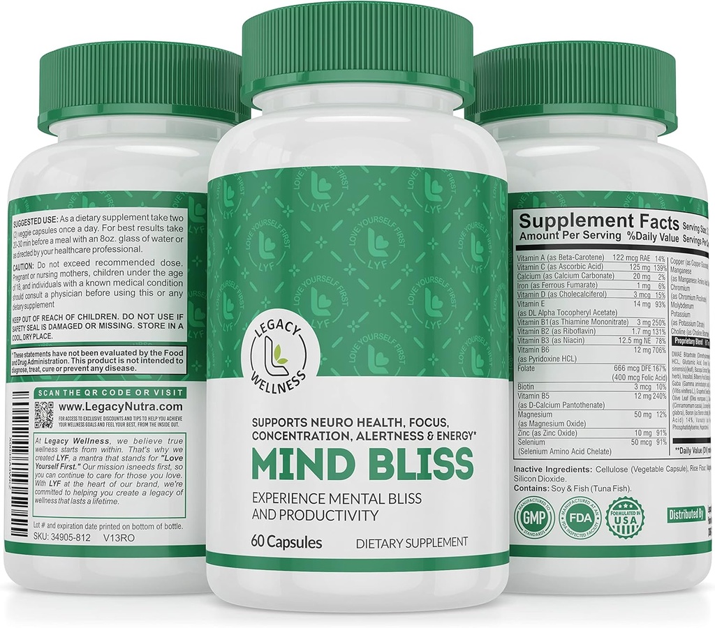 Suplemen Otak Kebahagiaan Pikiran Pikiran Pikiran: 40- Ingredien Memori, Fokus & Clarity Vitamin, Energi Boost & Nootropic Dukungan dengan DMAE, 60 Pil