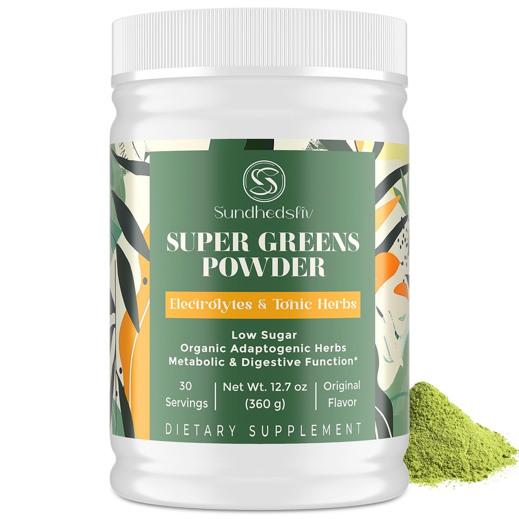 Super Greens Powder Superfood + Electrolytes & Tonic Herbs = 124; Organic Greens, Shilajit, Adaptogens, Antioksidants, Preobiotic & Probiotic & Postbiotic & Postbiotic 124; for Energy, Gut & Ammune 126; Unflasments - 30