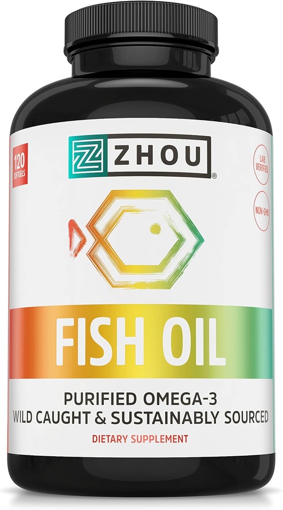 Zhou Minyak Ikan - Suplemen Minyak Ikan untuk Perempuan & Pria, Omega 3 Acid Gendut, Sumber Alam DHA & EPA untuk Dewasa, Burpless, Pure, Heart & Gabungan Kesehatan - 120 Softgel