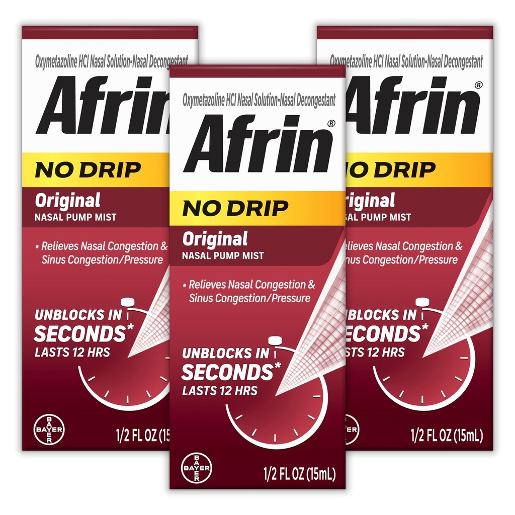 AFRIN No Drip Original Nasal Mist Triple Pack, Non- Drowsy, Fast- Acting Decongestant untuk Nasal Conbuble dan Sinus Tekanan Relief, Dewasa dan Anak 6 dan Lebih Tua, .5 lf oz (Paket 3)