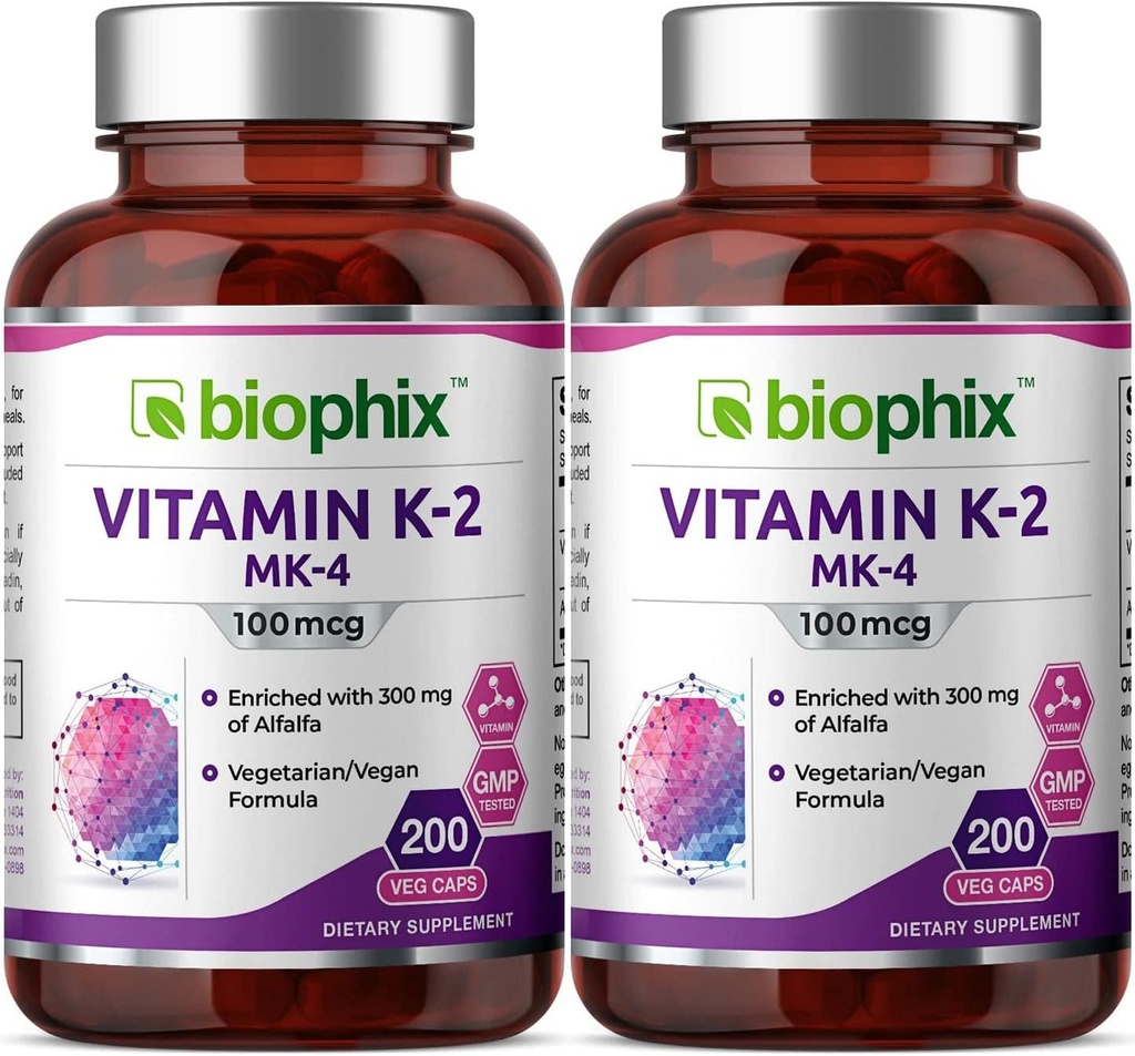 biophix Vitamin K2 MK-4-100 mcg 200 Caps dengan Alfalfa 2 Pack - Mendukung Bones Imune Kesehatan